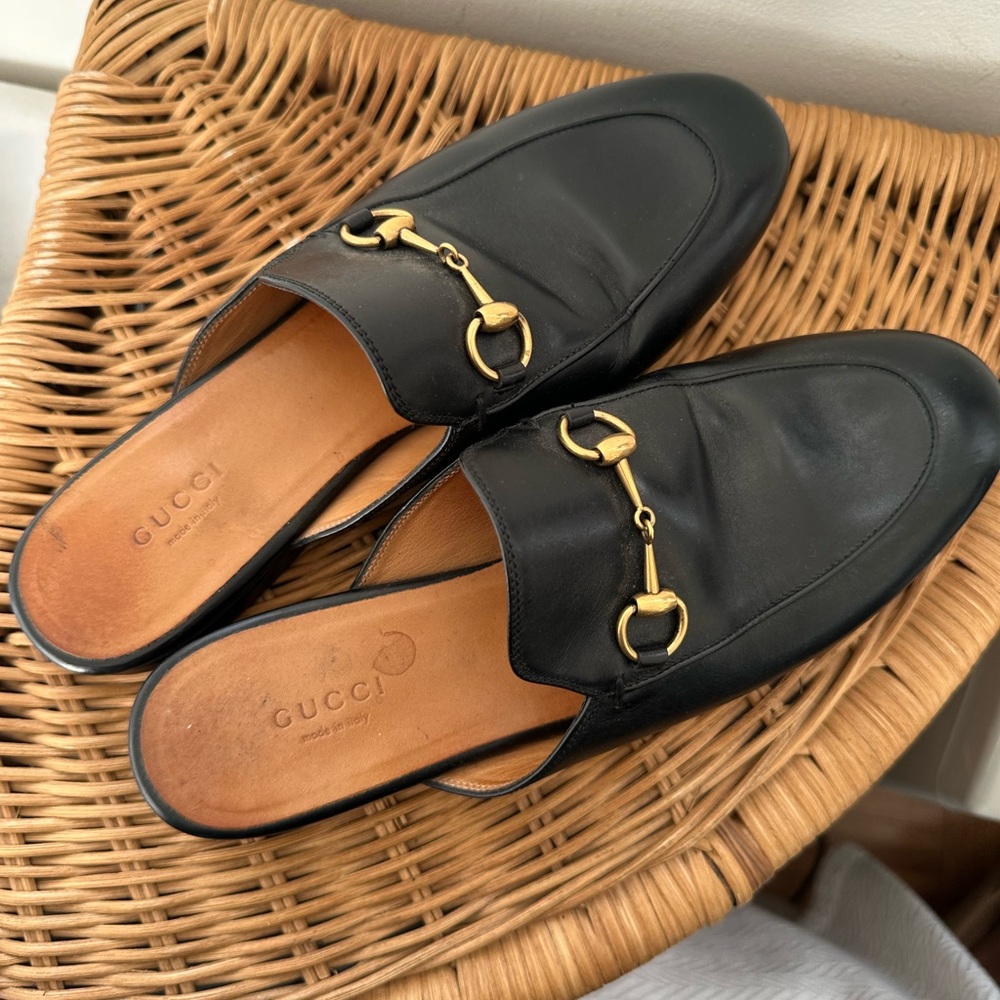 GUCCI Black and Gold Mule Loafers with Horsebit Detail